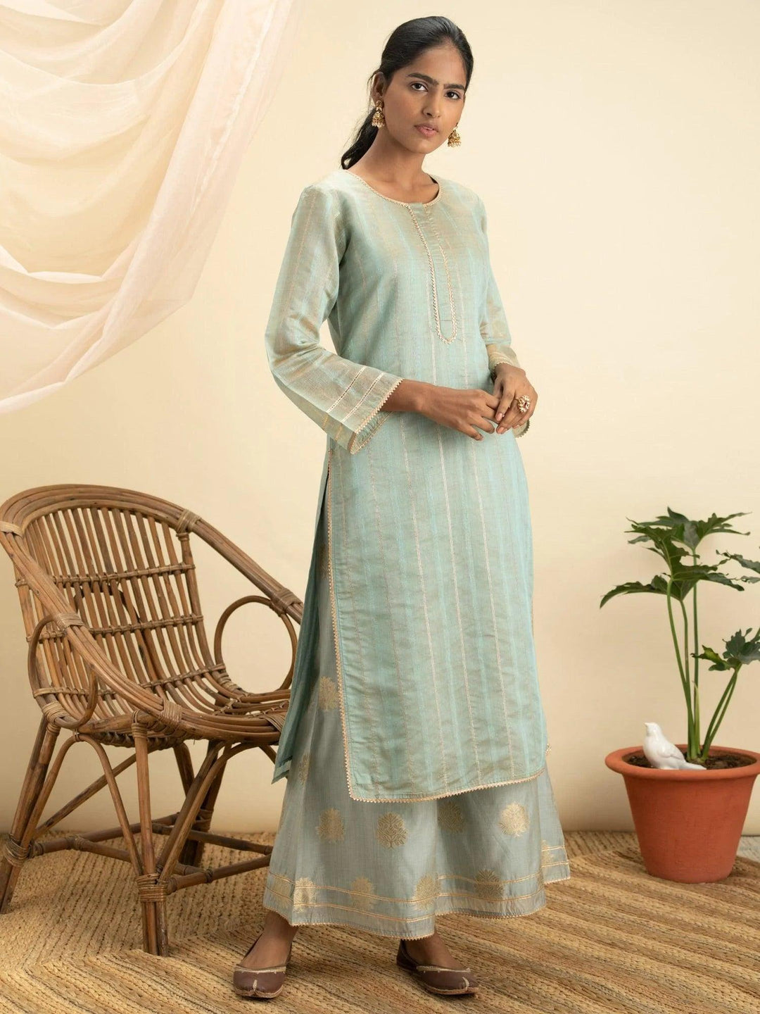 Grey Self Design Chanderi Silk Kurta Set - ShopLibas