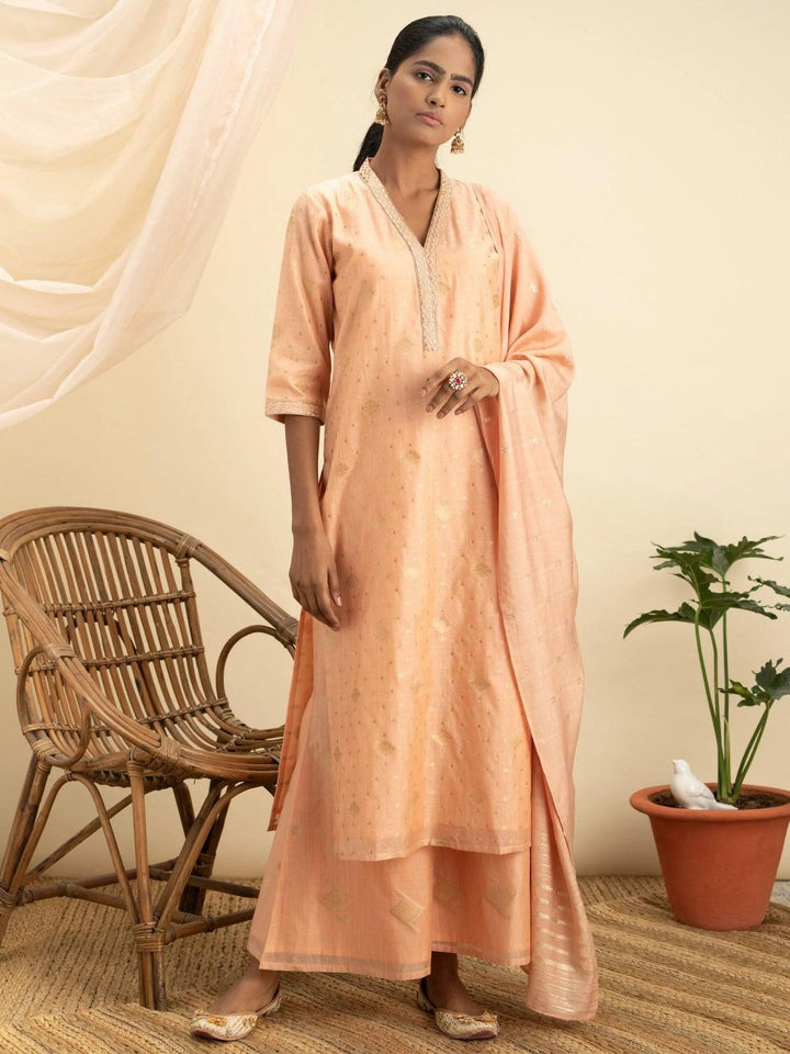 Peach Self Design Chanderi Silk Suit Set