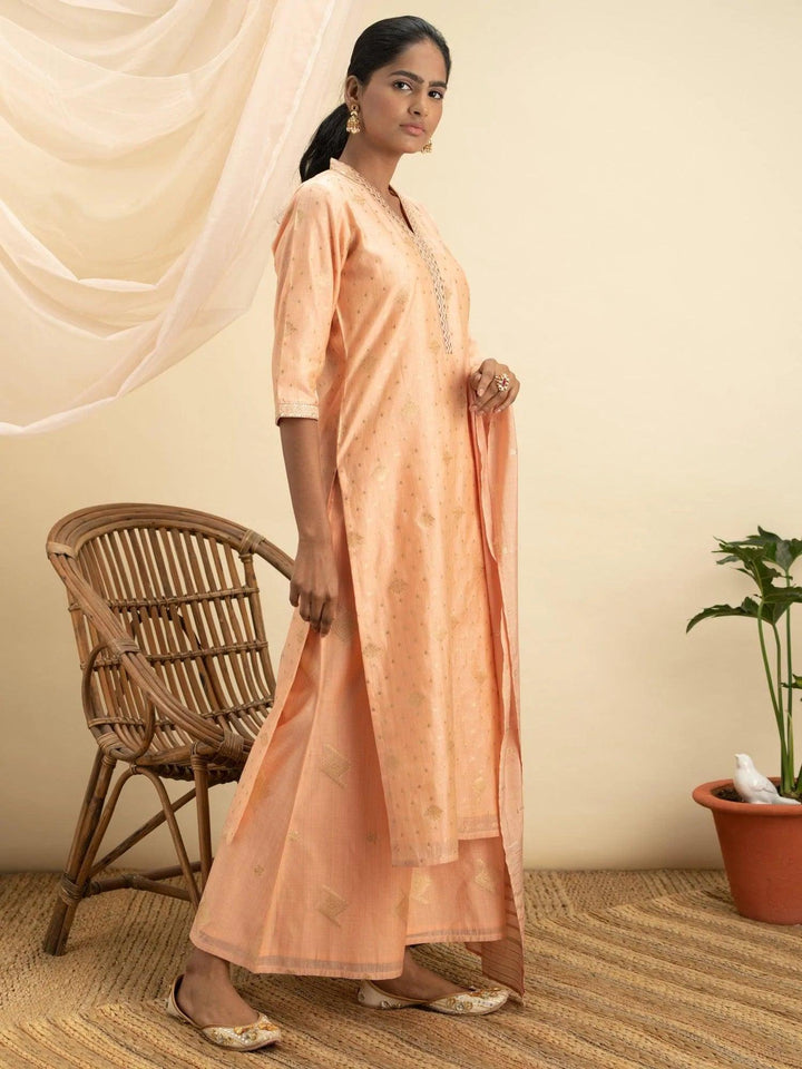 Peach Self Design Chanderi Silk Suit Set
