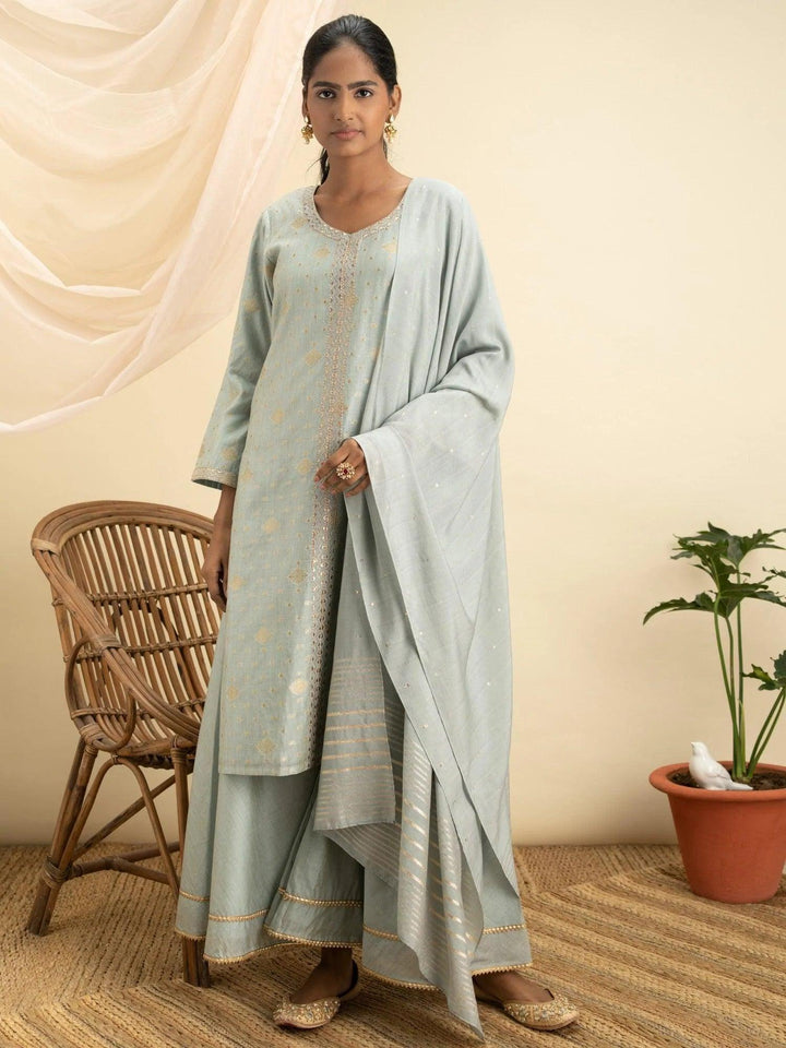 Grey Self Design Chanderi Silk Suit Set