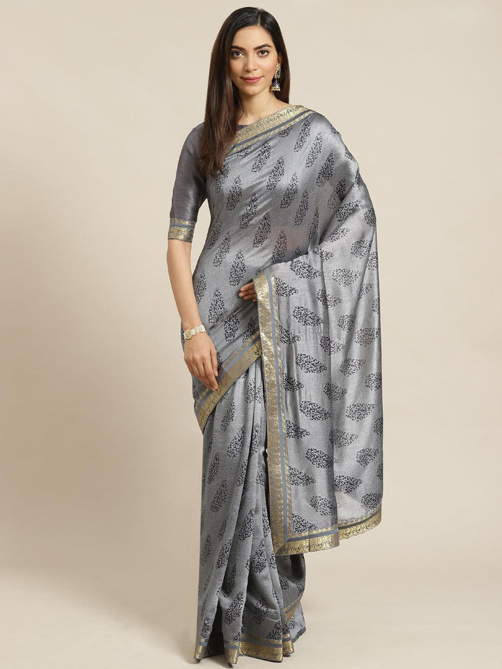 Grey Printed Silk Blend Saree