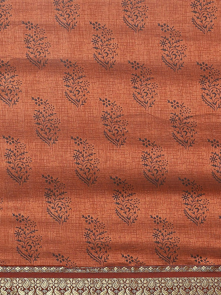 Brown Printed Silk Blend Saree