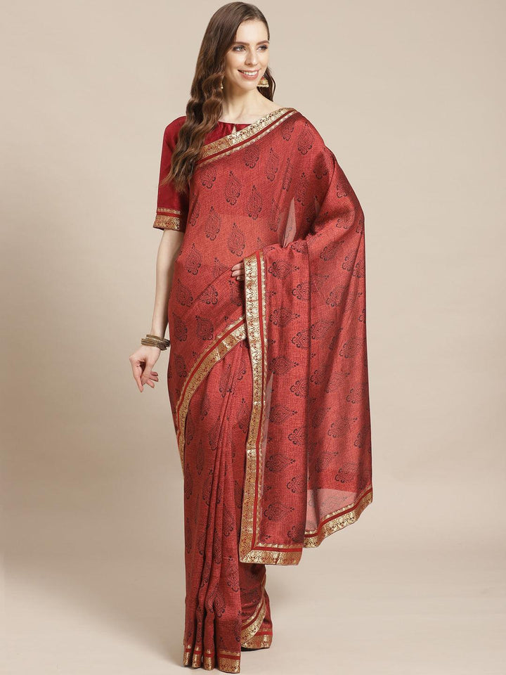 Maroon Printed Silk Blend Saree