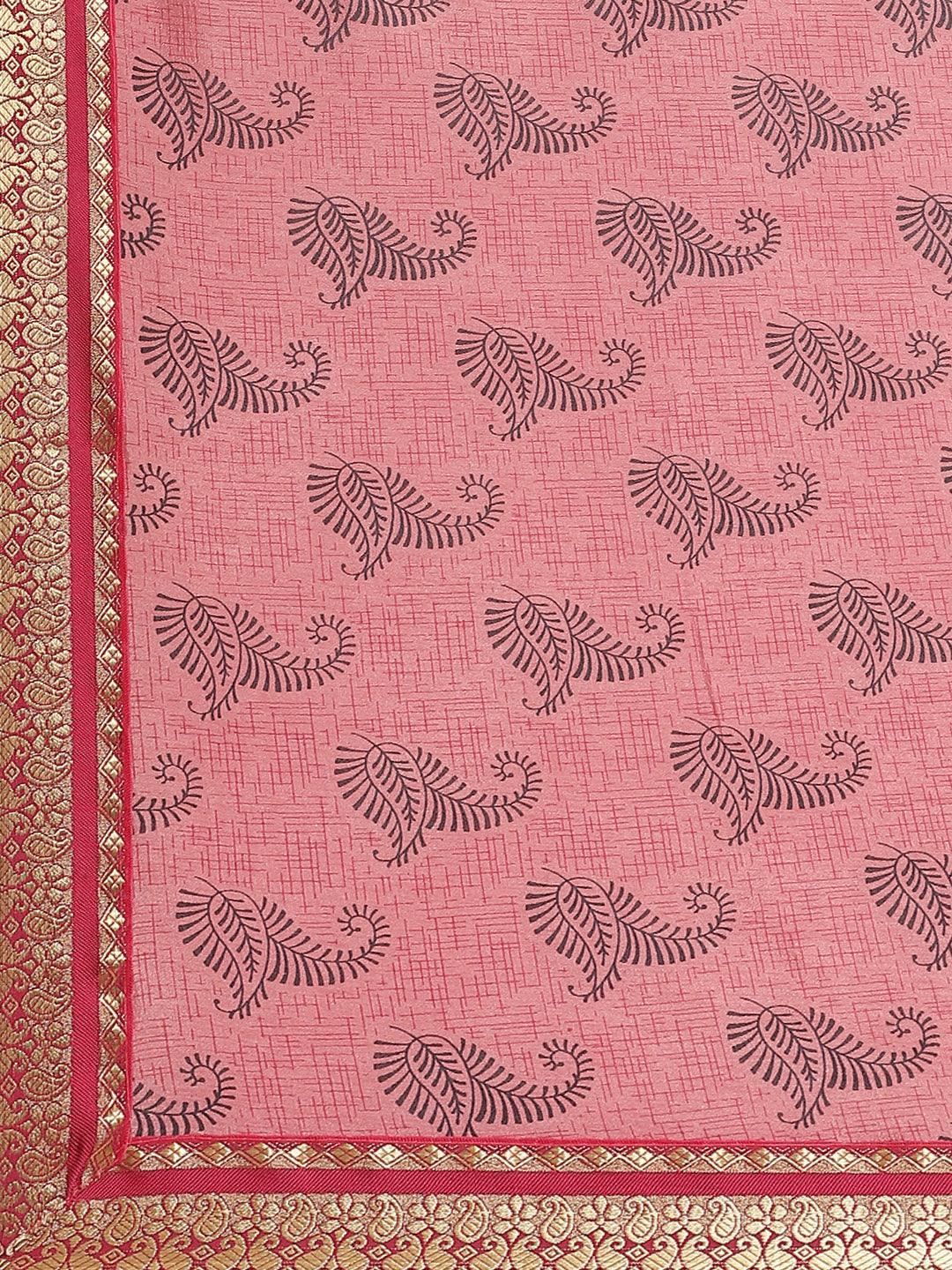 Pink Printed Silk Blend Saree - ShopLibas