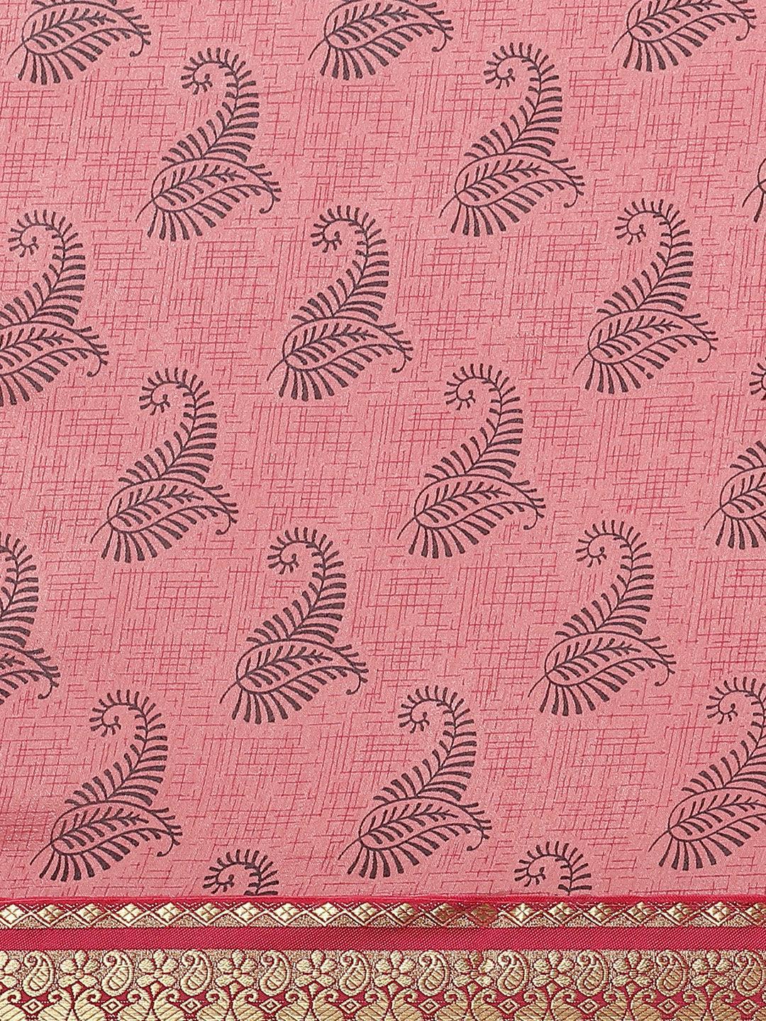 Pink Printed Silk Blend Saree - ShopLibas