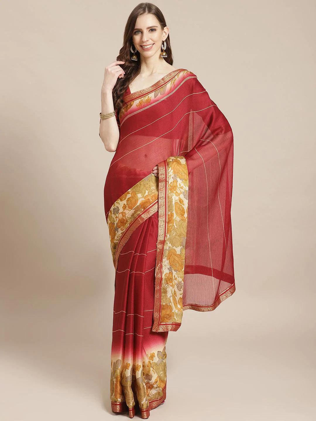 Maroon Printed Chiffon Saree - ShopLibas