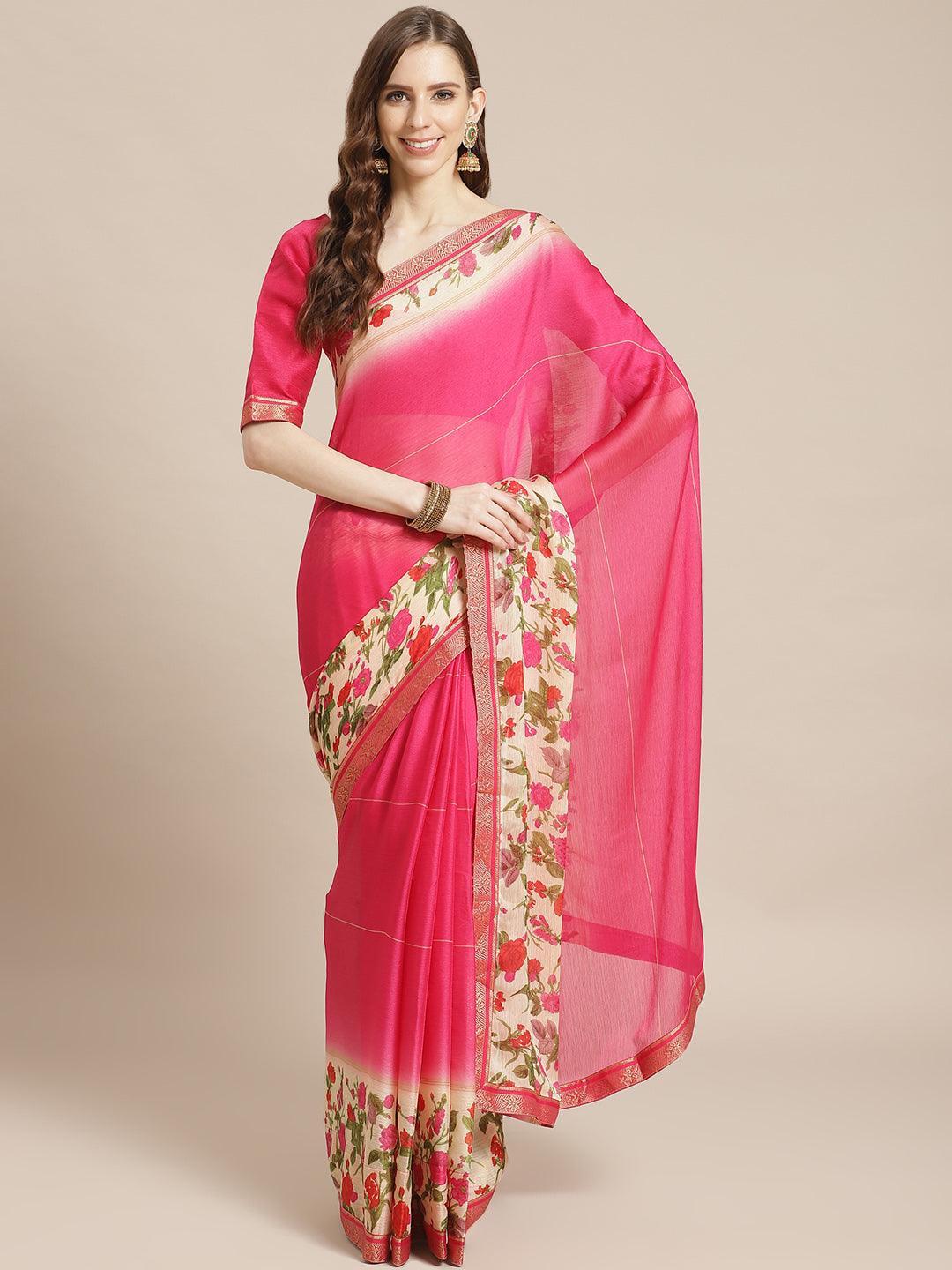 Pink Printed Chiffon Saree - ShopLibas