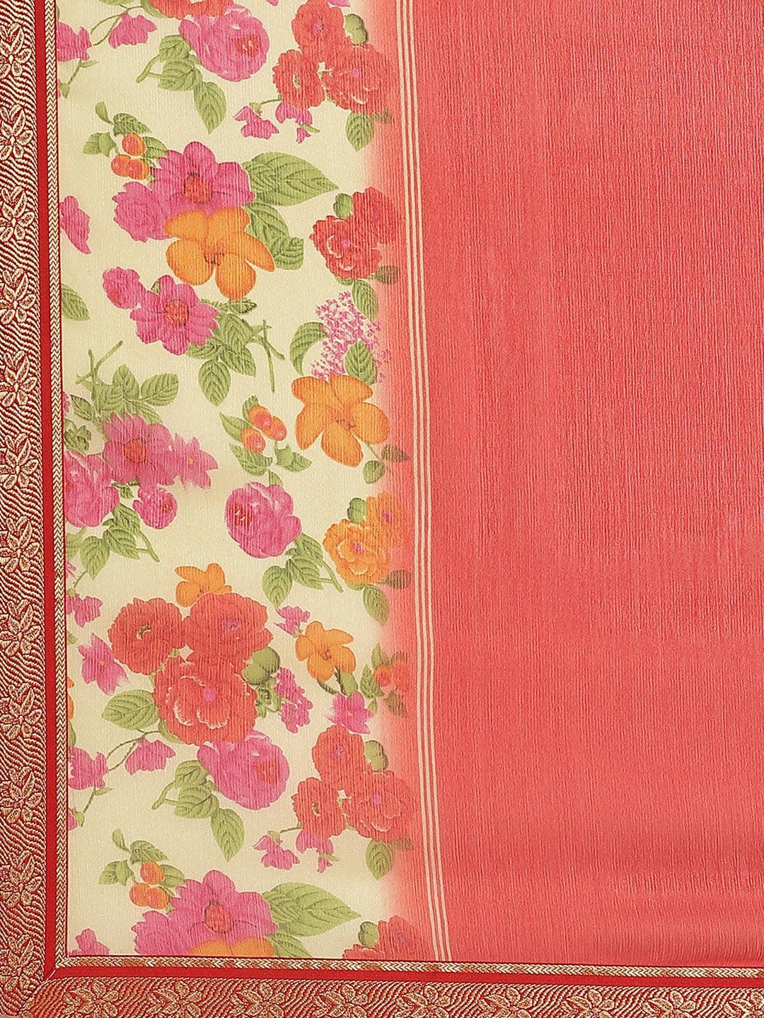 Red Printed Chiffon Saree - ShopLibas