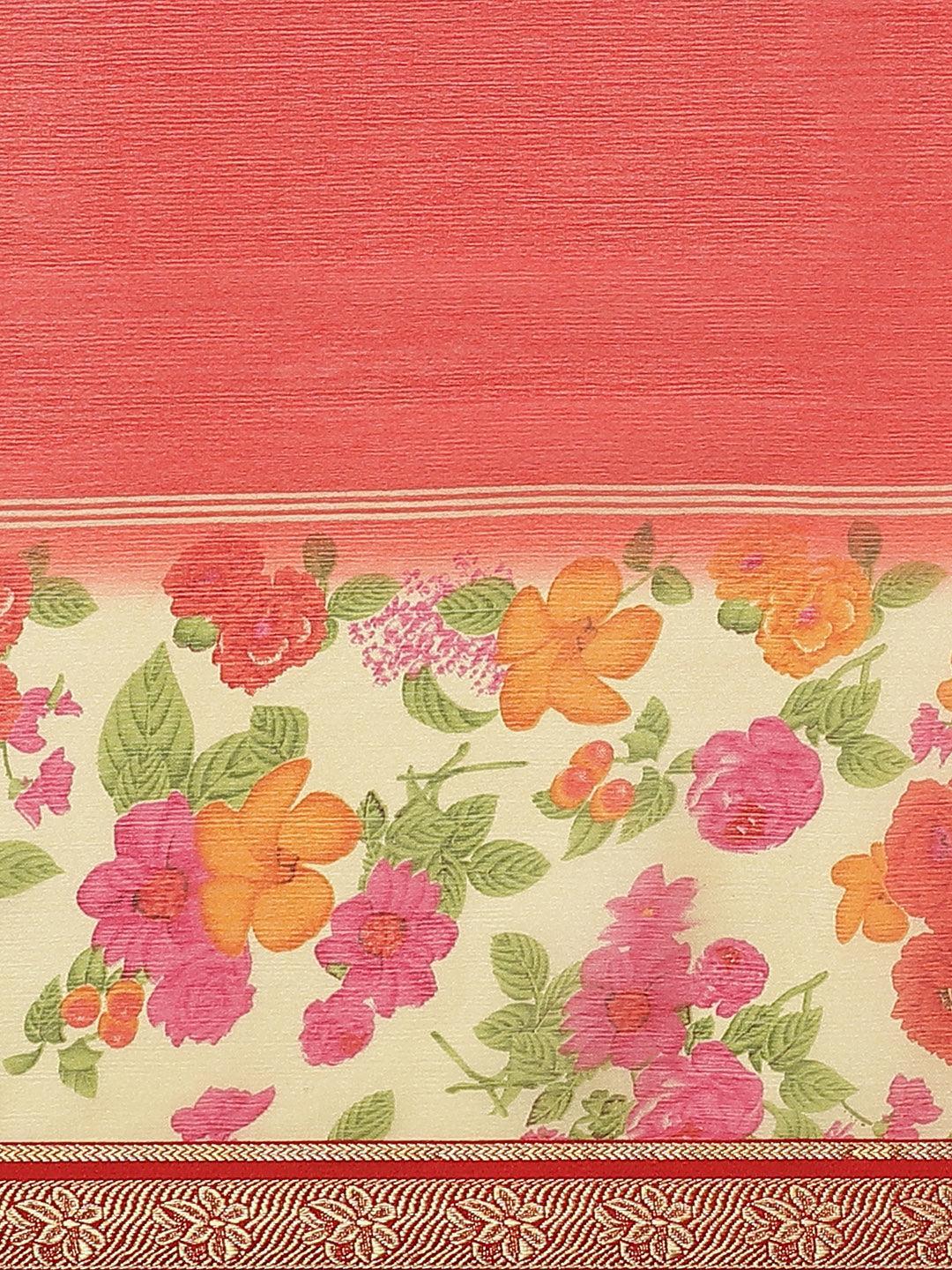 Red Printed Chiffon Saree - ShopLibas