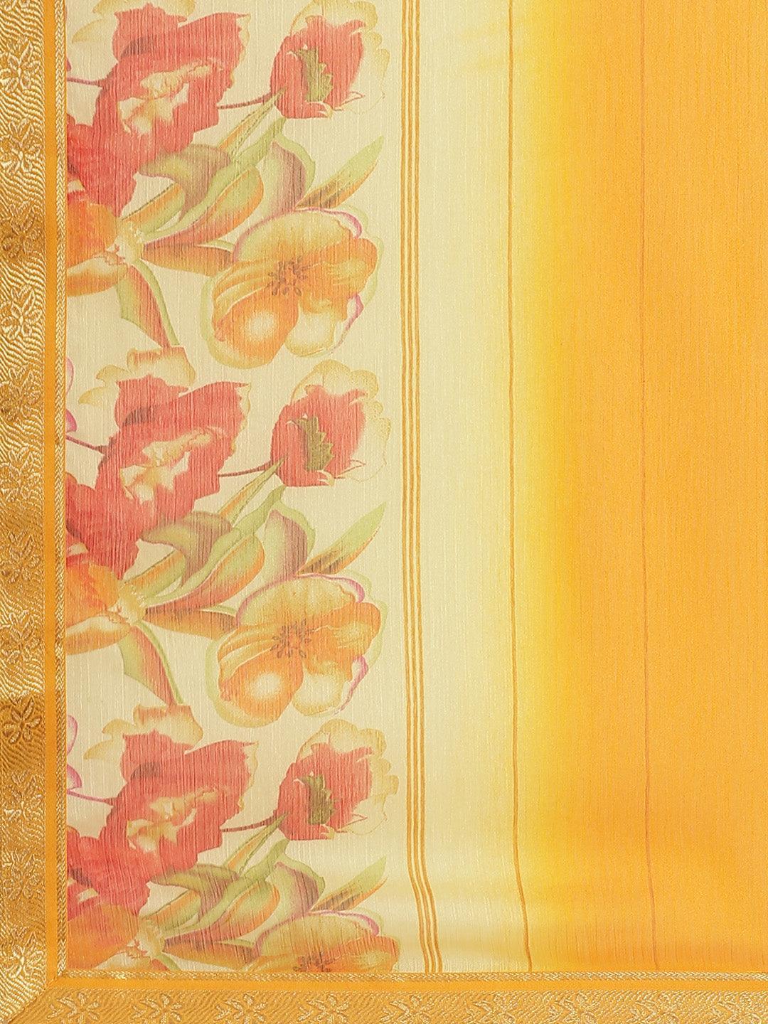 Yellow Printed Chiffon Saree - ShopLibas