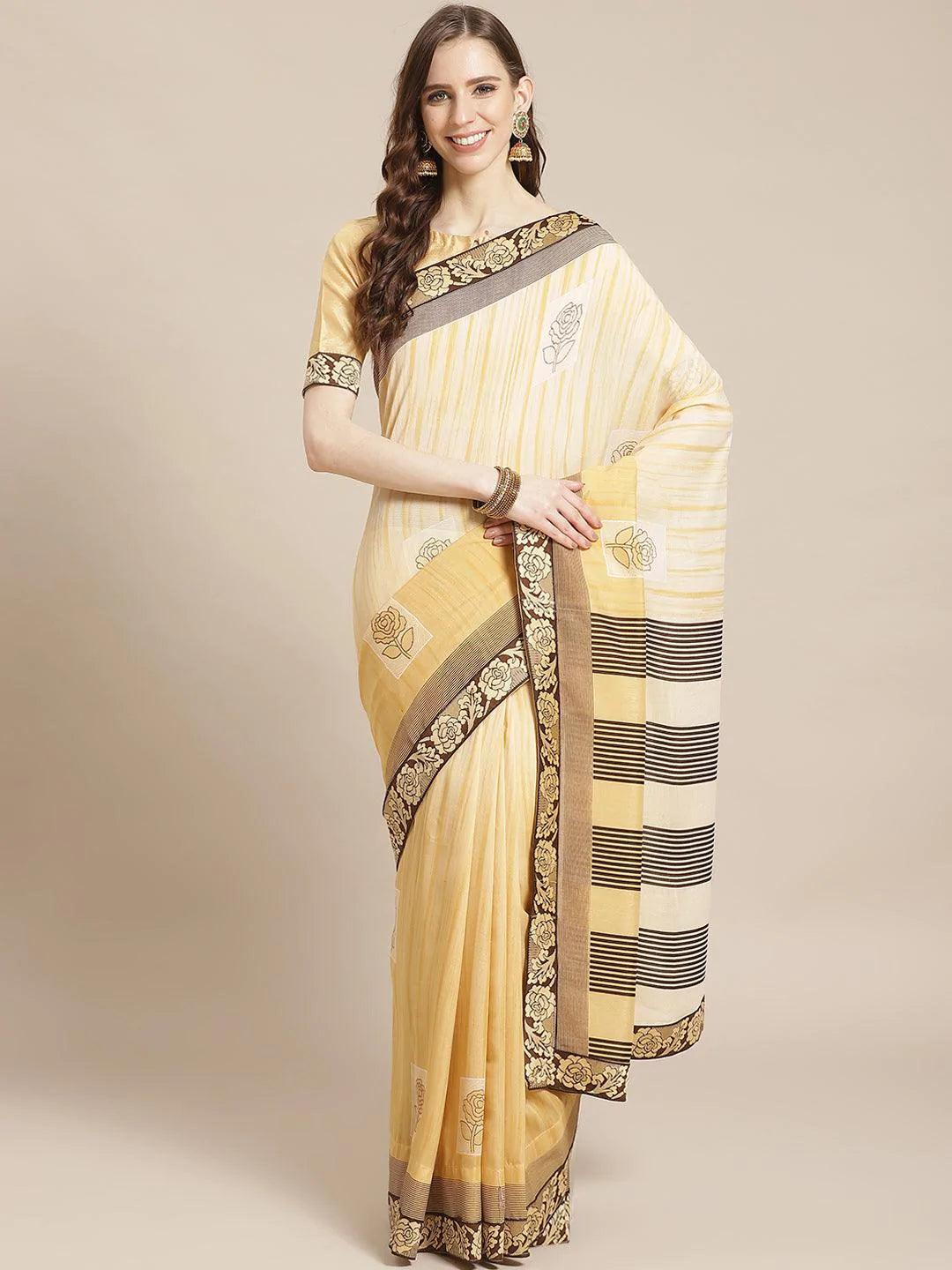 Beige Striped Chiffon Saree - ShopLibas