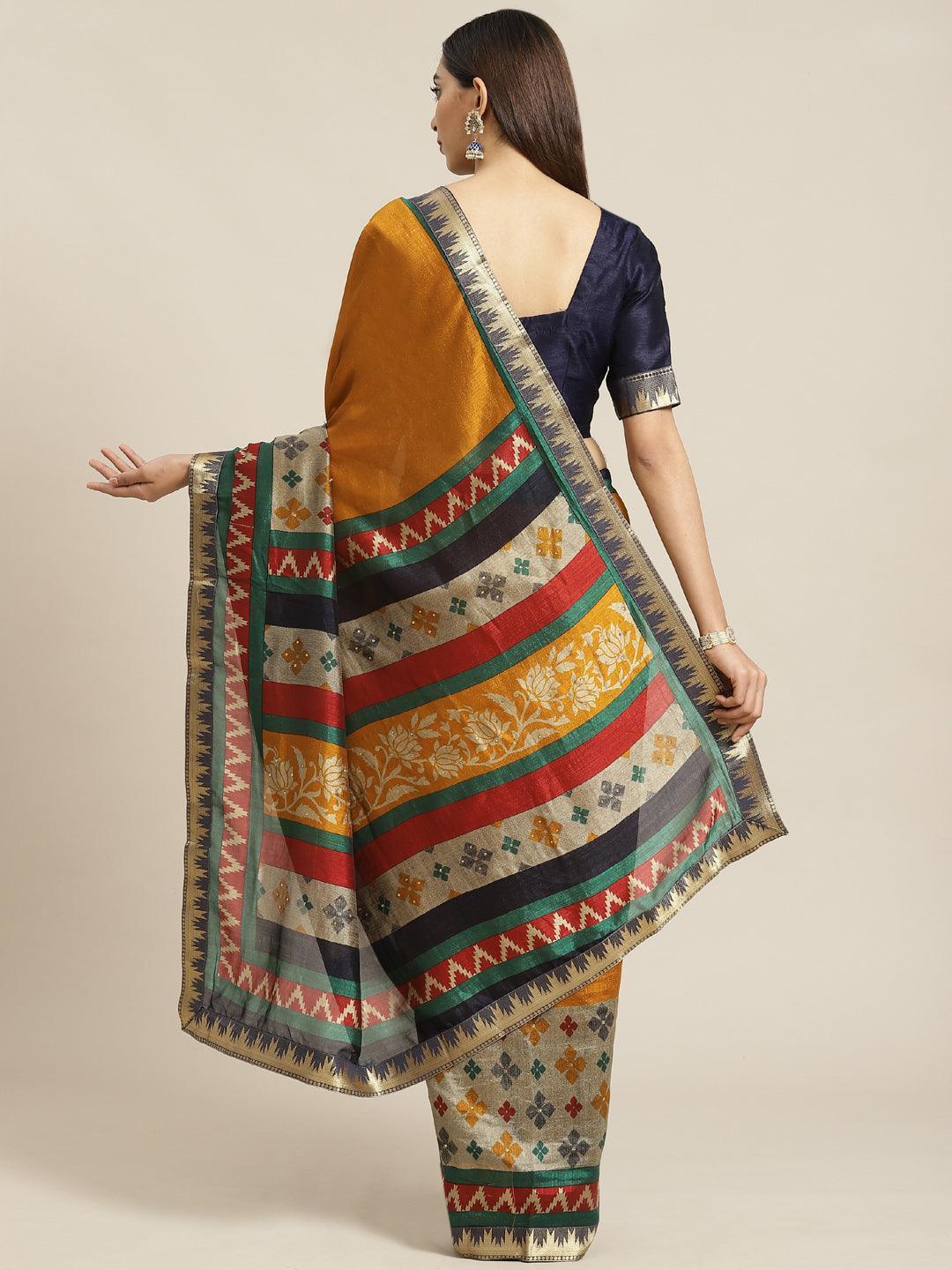 Yellow Printed Polyester Saree - ShopLibas