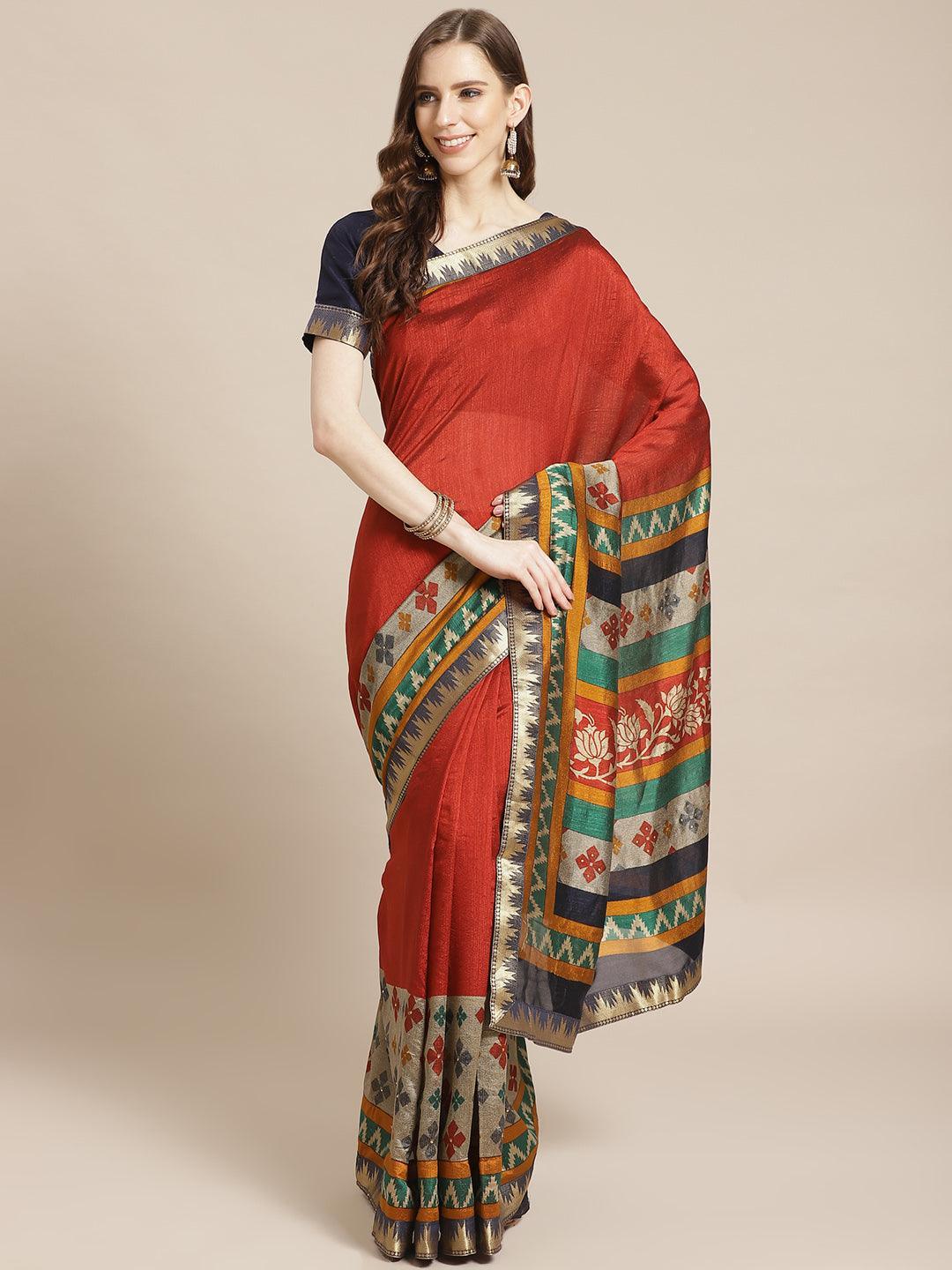 Orange Printed Polyester Saree - ShopLibas