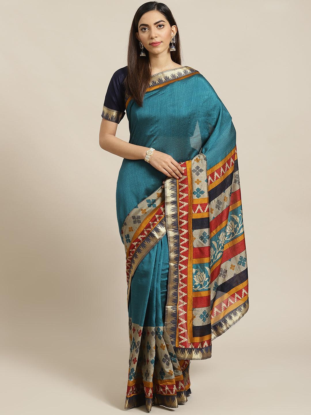 Blue Printed Polyester Saree - ShopLibas