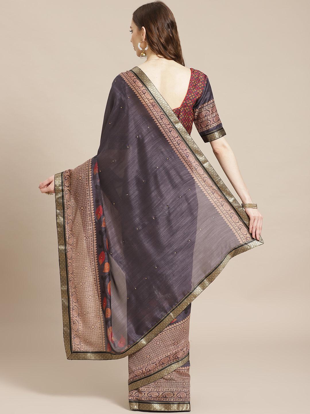 Navy Blue Printed Chiffon Saree - ShopLibas