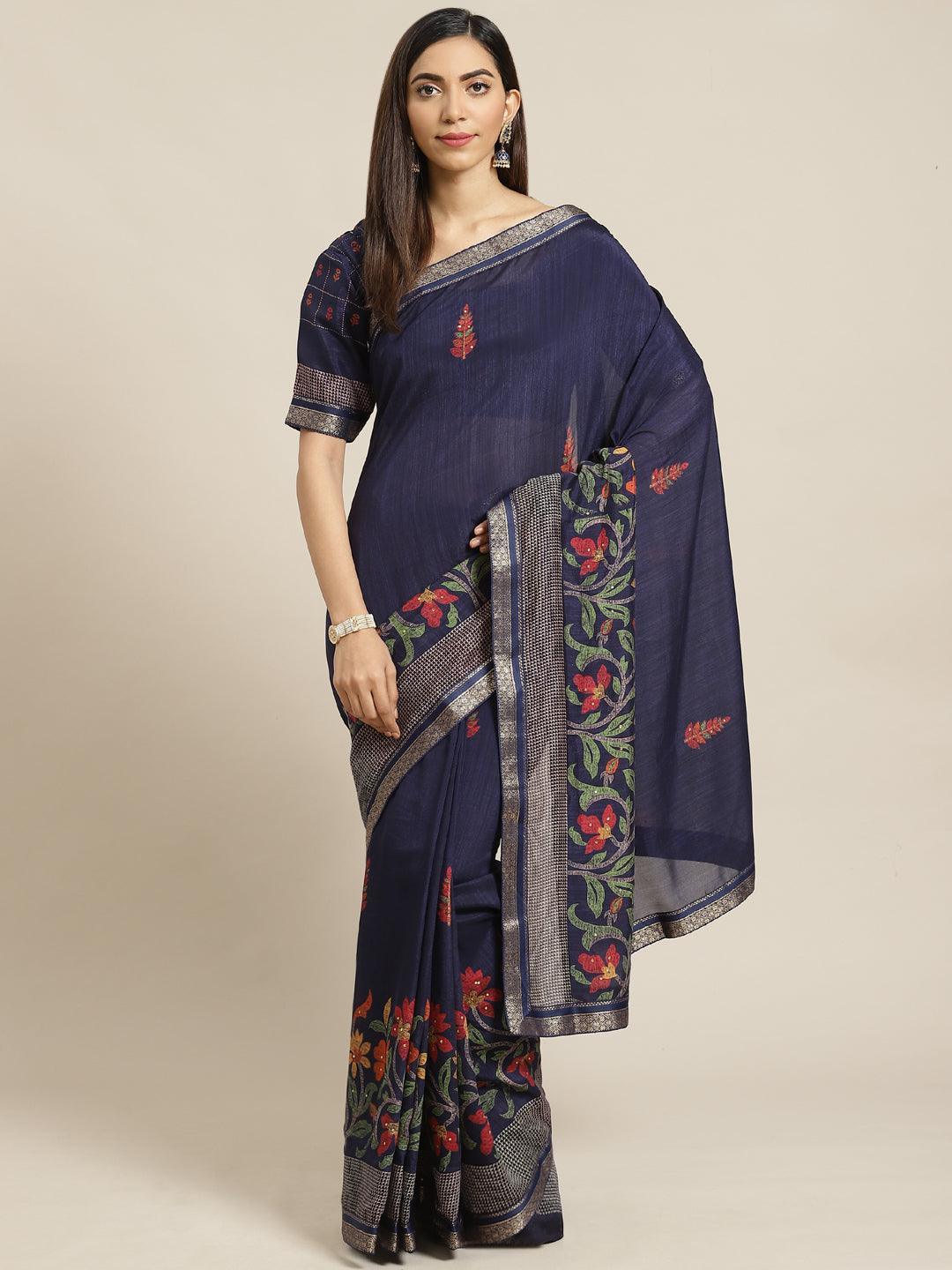 Navy Blue Printed Chiffon Saree - ShopLibas