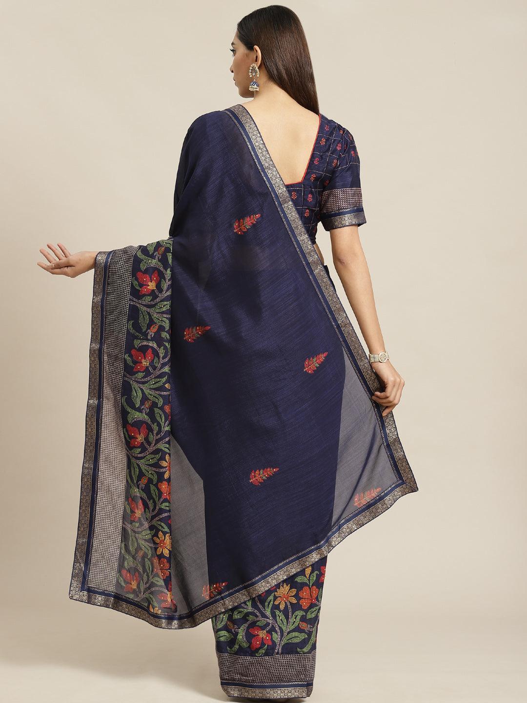 Navy Blue Printed Chiffon Saree - ShopLibas