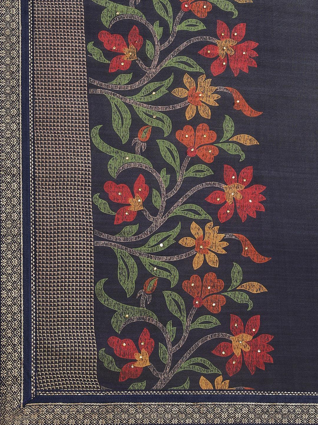 Navy Blue Printed Chiffon Saree - ShopLibas