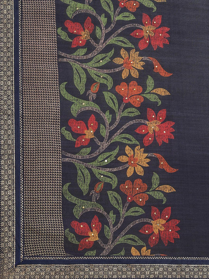 Navy Blue Printed Chiffon Saree