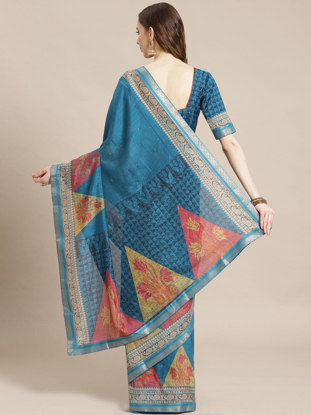Blue Printed Chiffon Saree - ShopLibas