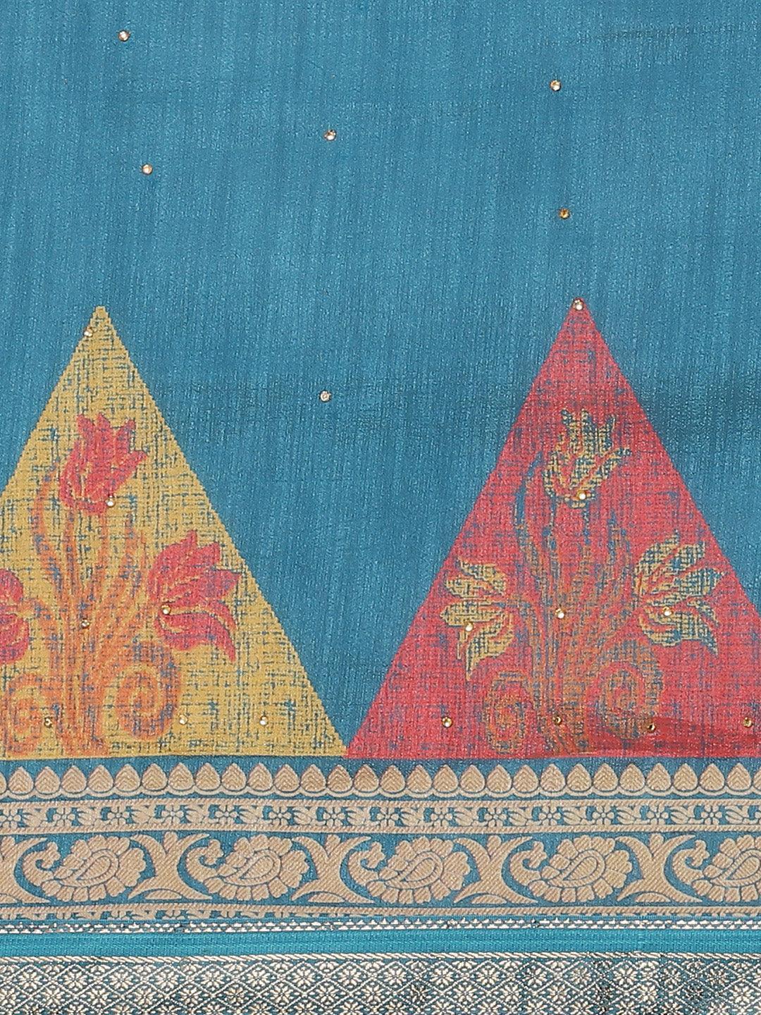 Blue Printed Chiffon Saree - ShopLibas