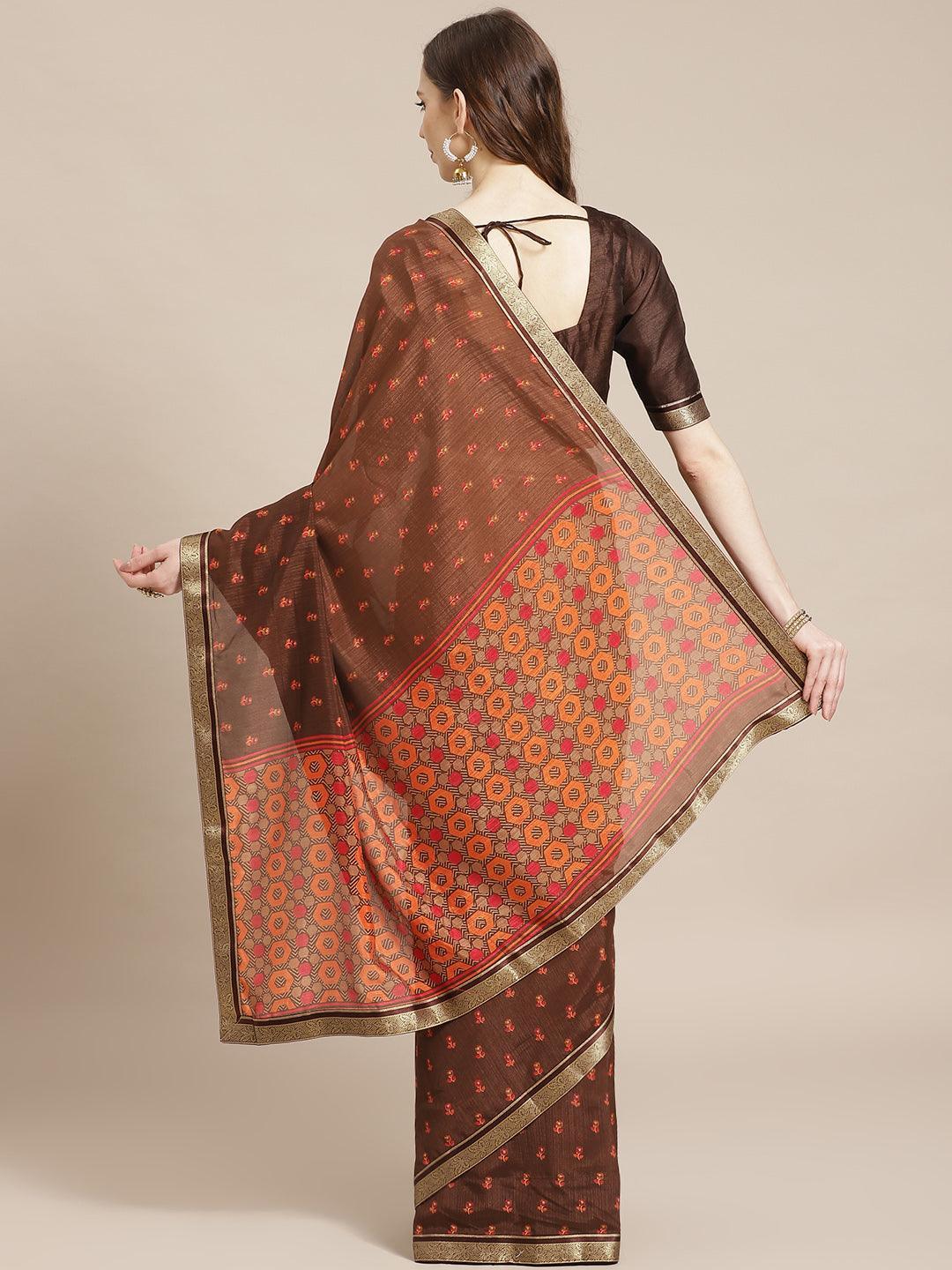Brown Printed Polyester Saree - ShopLibas