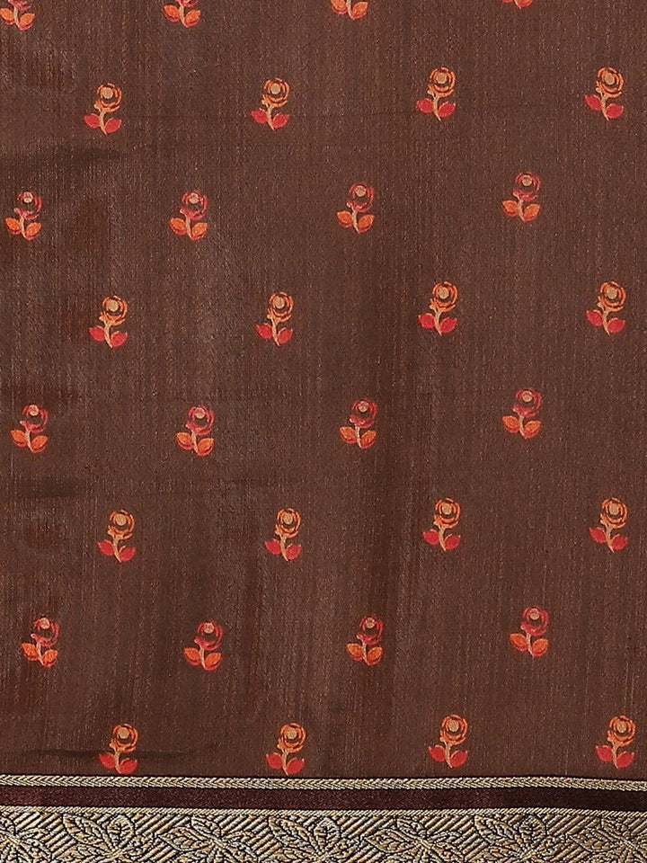 Brown Printed Polyester Saree