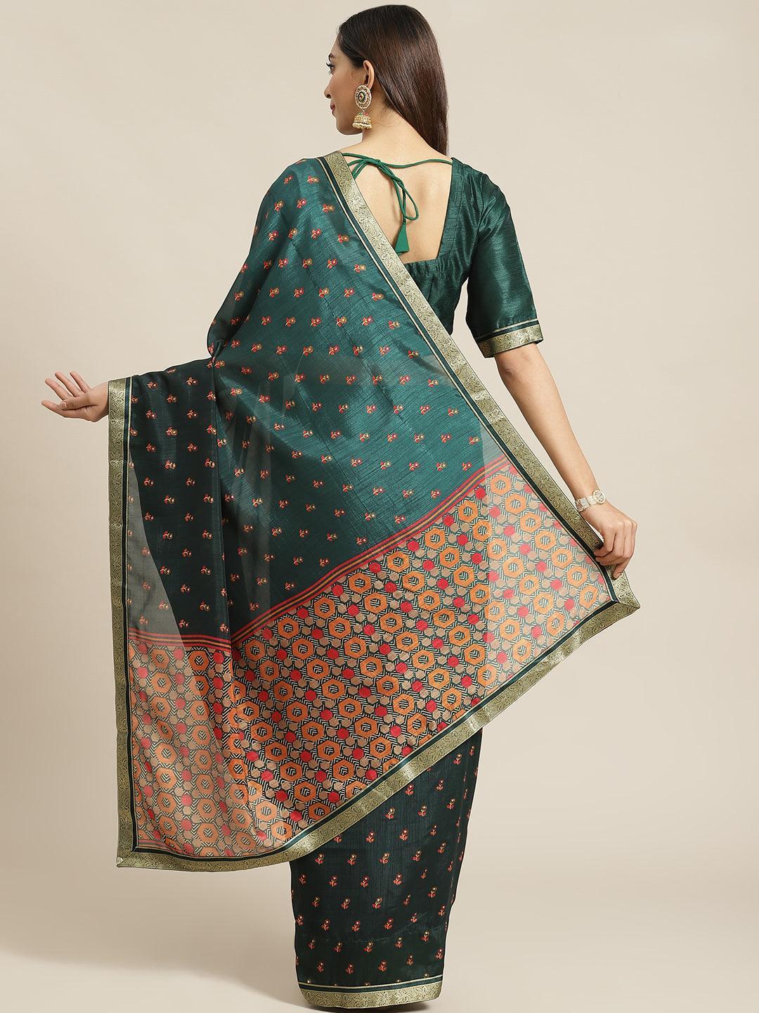 Green Printed Polyester Saree - ShopLibas