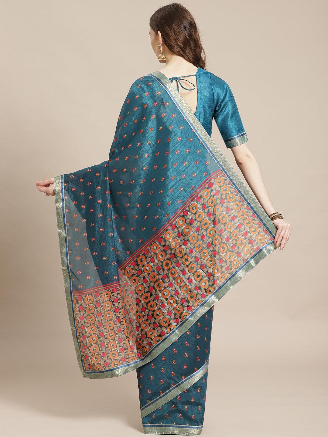 Blue Printed Polyester Saree - ShopLibas
