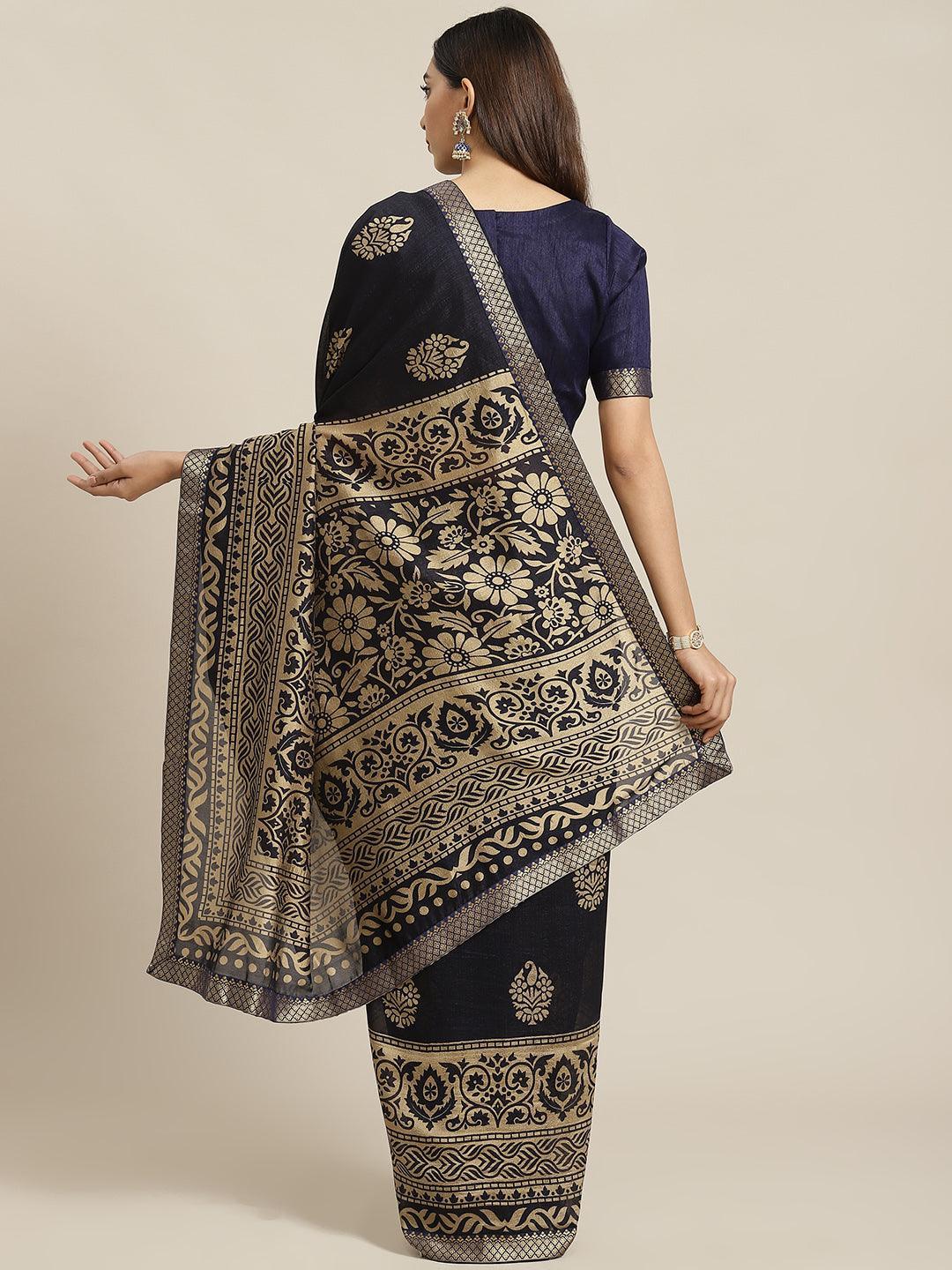 Navy Blue Printed Polyester Saree - ShopLibas
