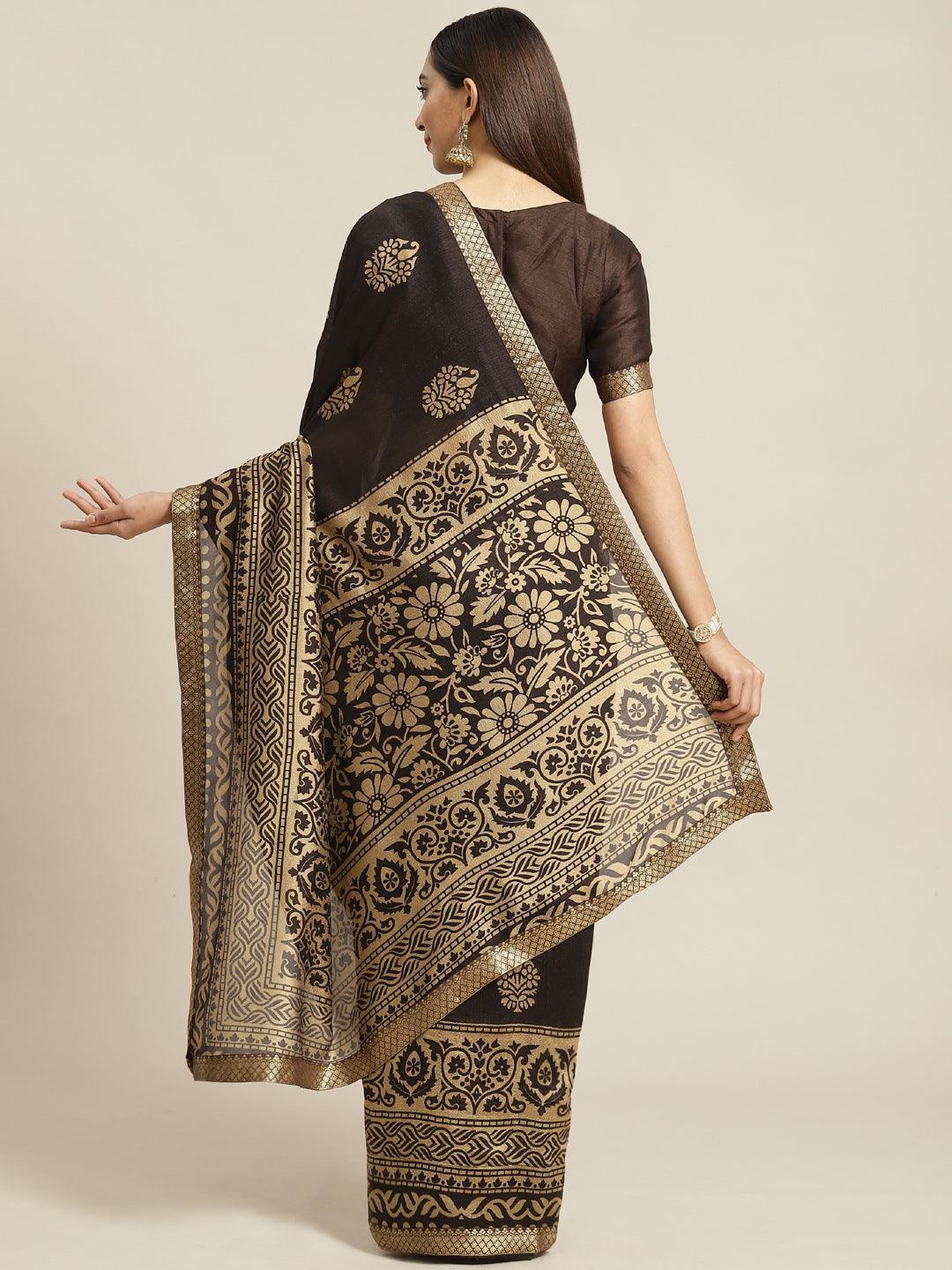 Brown Printed Polyester Saree - ShopLibas