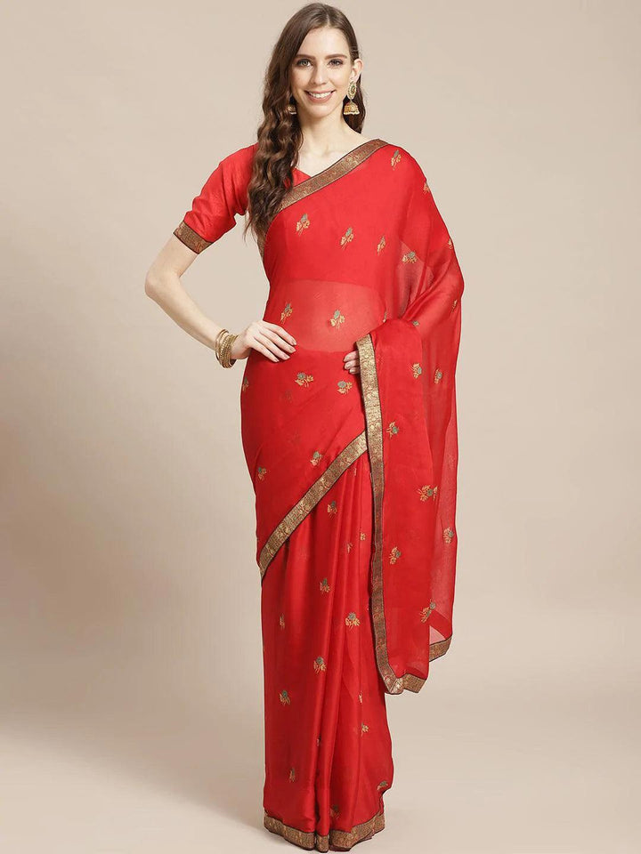 Red Printed Chiffon Saree