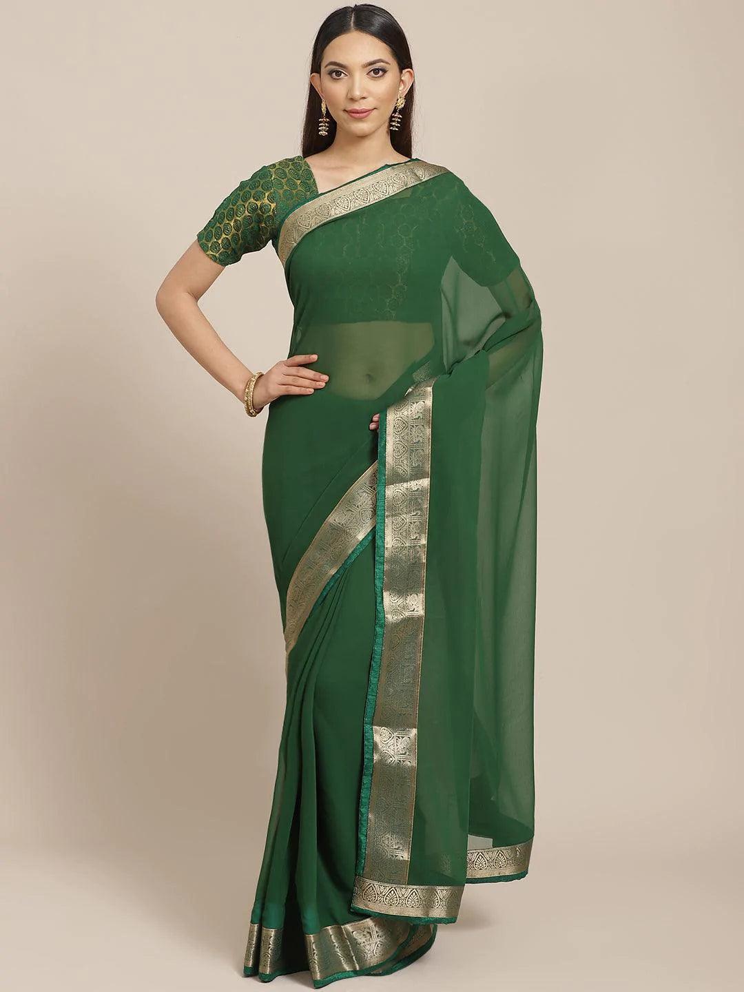 Green Solid Georgette Saree - ShopLibas