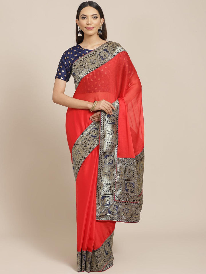Red Woven Design Chiffon Saree