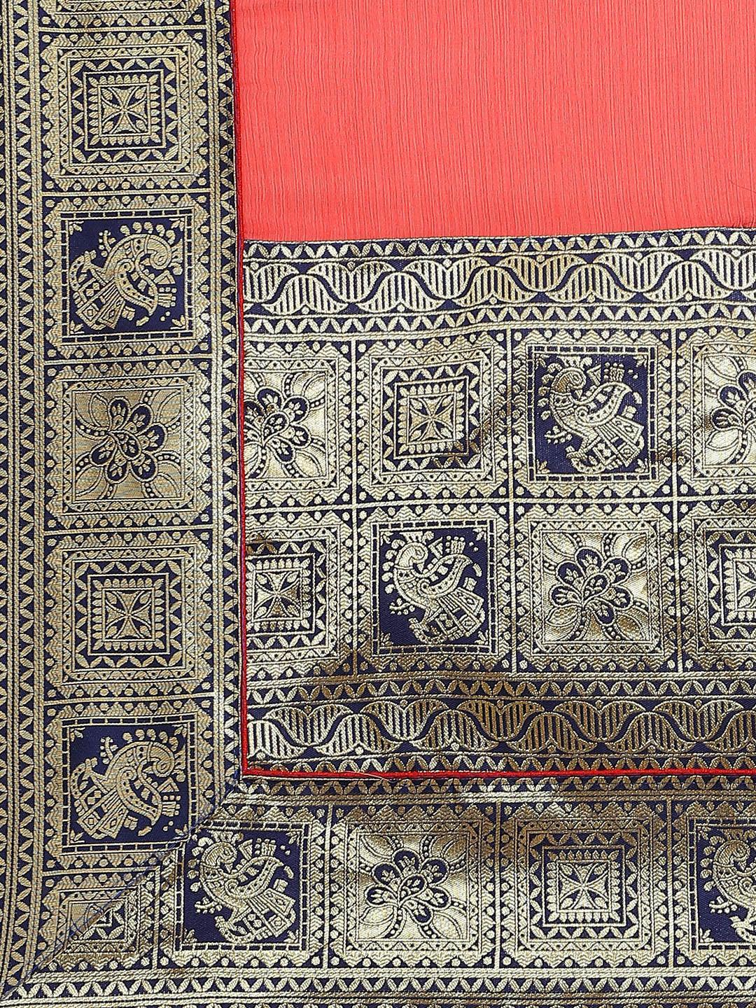 Red Woven Design Chiffon Saree - ShopLibas