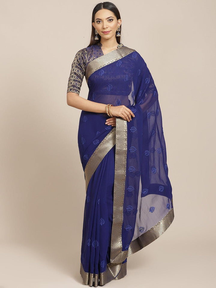 Blue Embroidered Chiffon Saree
