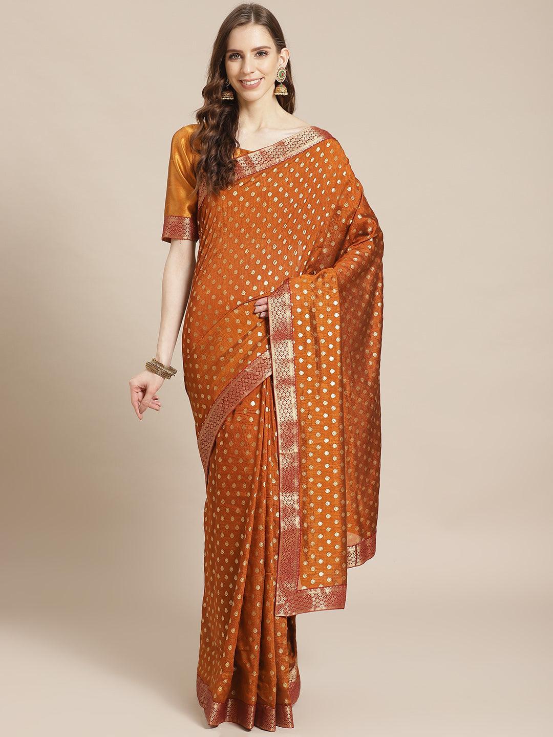 Orange Printed Polyester Saree - ShopLibas