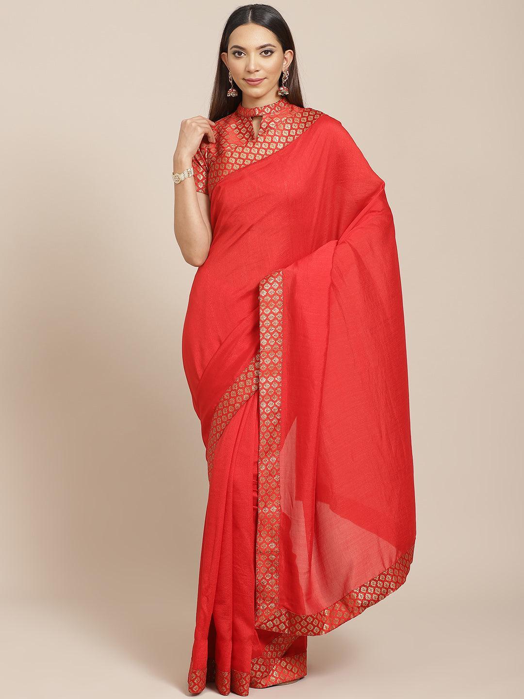 Red Solid Chiffon Saree - ShopLibas