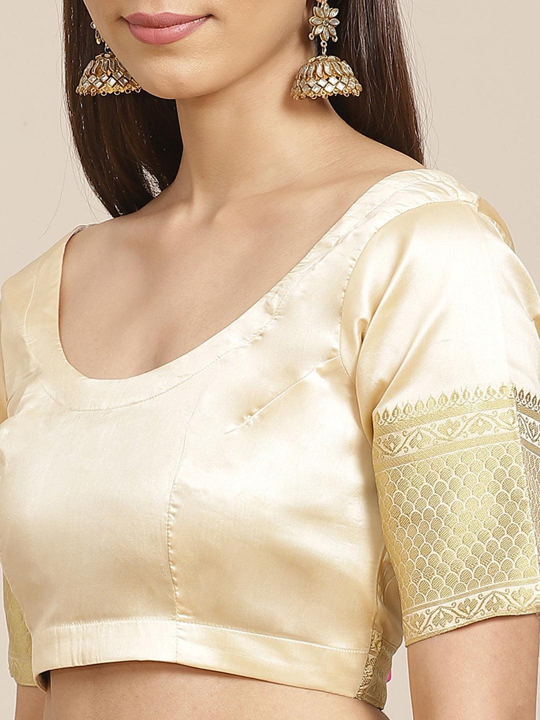 Beige Solid Silk Blend Saree - ShopLibas