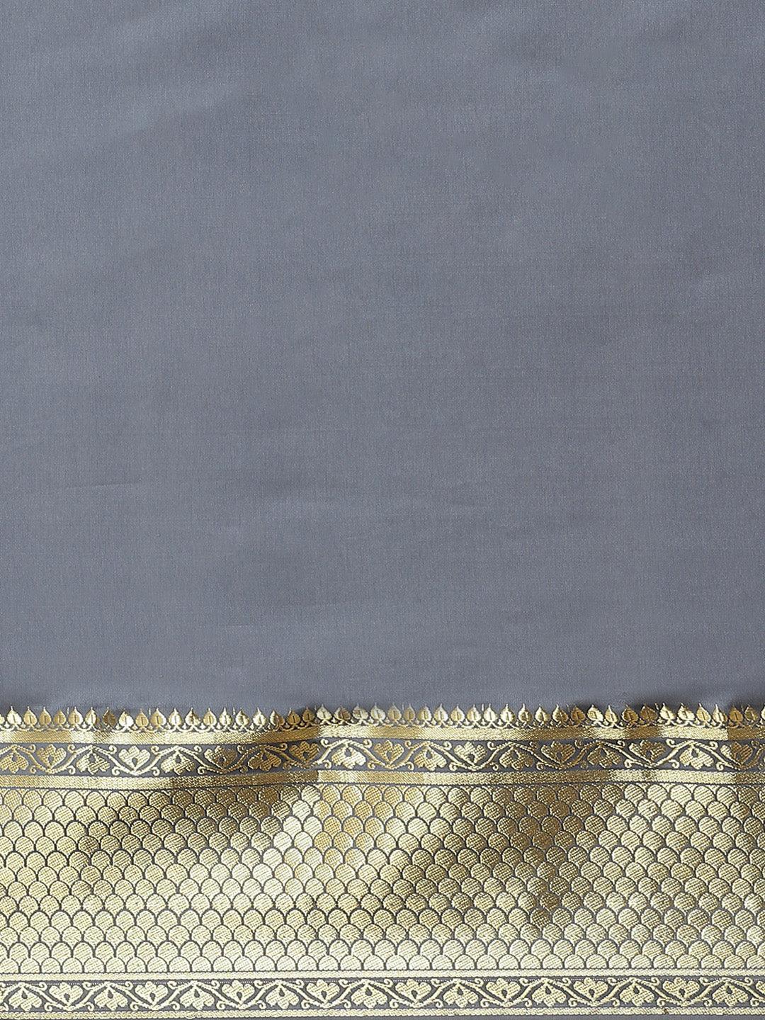 Grey Solid Silk Blend Saree - ShopLibas