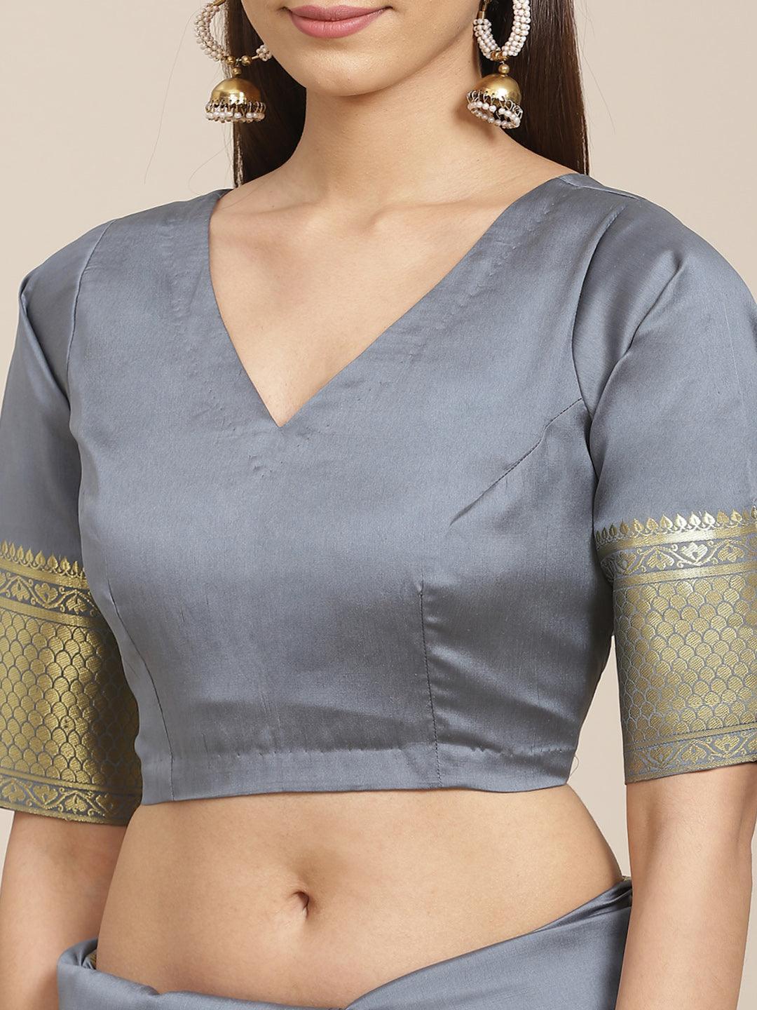 Grey Solid Silk Blend Saree - ShopLibas