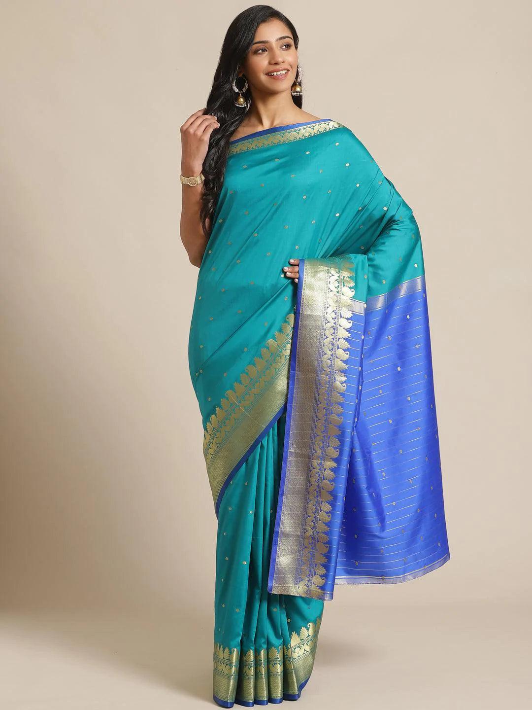 Green Woven Design Silk Saree - ShopLibas