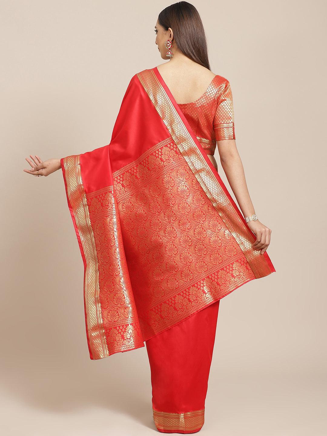 Red Solid Silk Blend Saree - ShopLibas