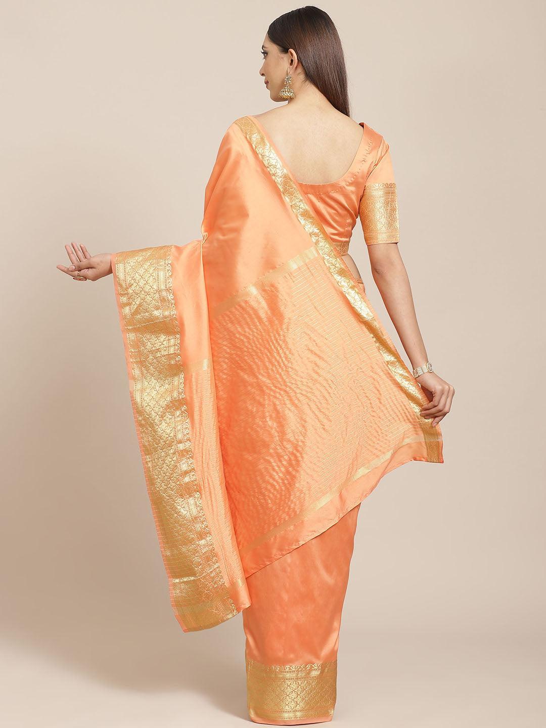 Orange Solid Silk Blend Saree - ShopLibas
