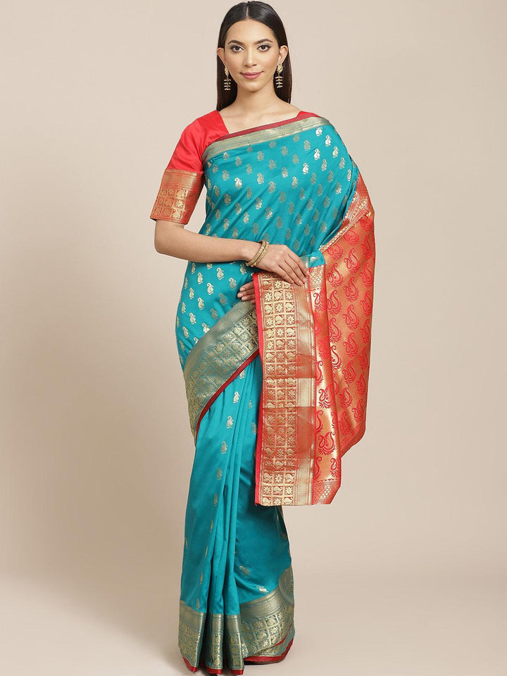 Teal Woven Design Brocade Saree