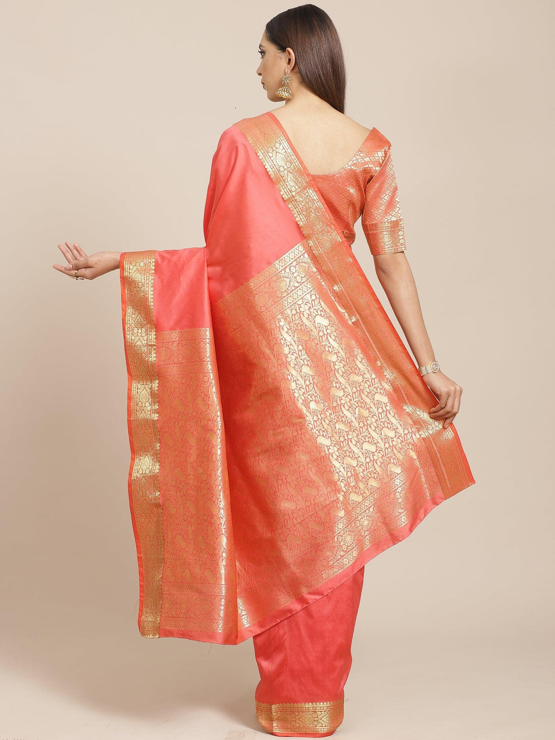 Pink Solid Silk Blend Saree - ShopLibas