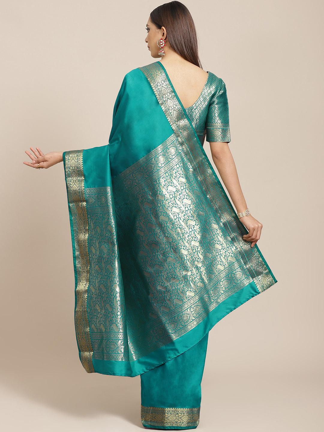Sea Green Solid Silk Blend Saree - ShopLibas
