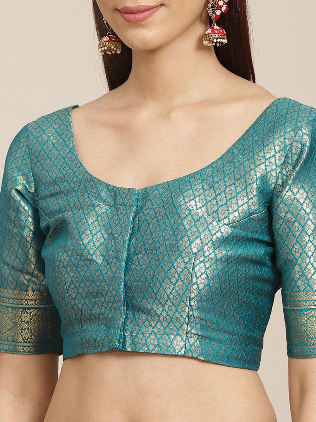 Sea Green Solid Silk Blend Saree - ShopLibas