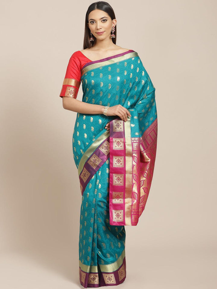 Teal Woven Design Brocade Saree