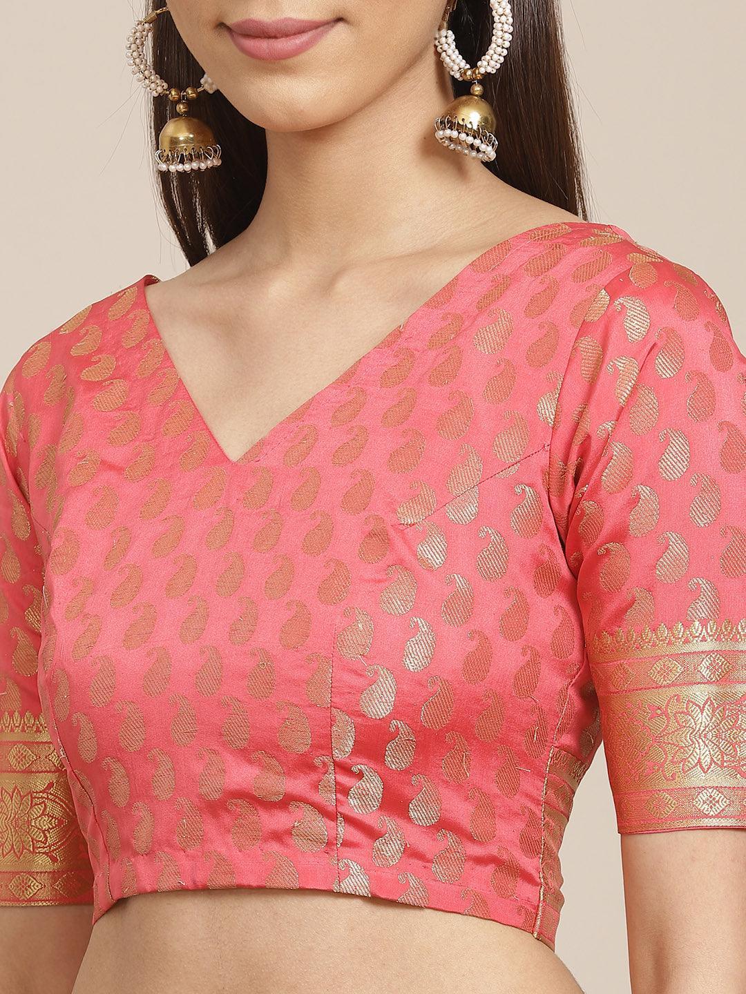 Pink Woven Design Brocade Saree - ShopLibas